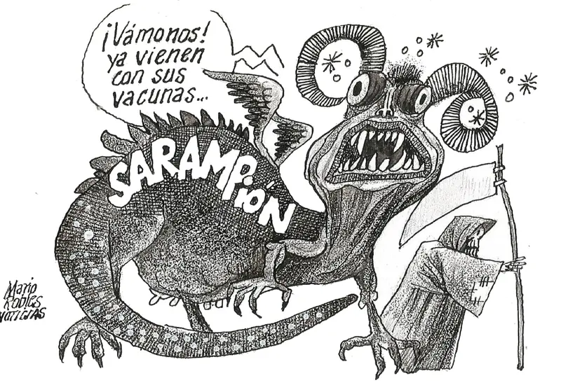 Cartón del caricaturista Mario Robles que ilustra el regreso del sarampión, presentado como un viejo enemigo que amenaza la salud pública.