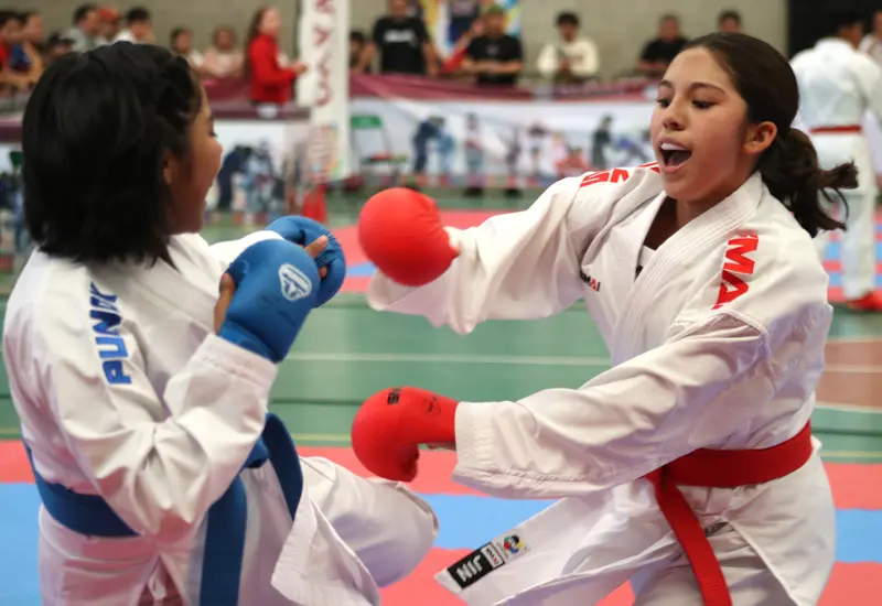 Dos atletas compiten en un emocionante combate de artes marciales durante el campeonato estatal de karate, mostrando su técnica y disciplina.