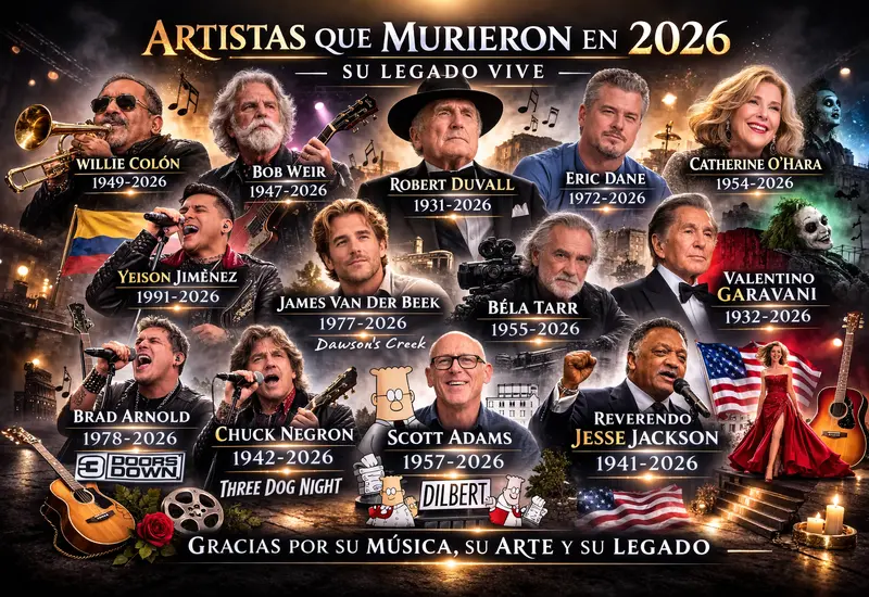 Un collage con los retratos de las celebridades y estrellas del espectáculo que han fallecido durante el transcurso del año 2026.