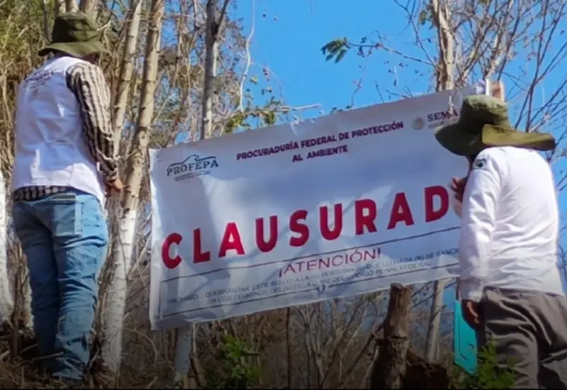 Sellos de clausura de la Profepa colocados en una obra de construcción en Oaxaca, la cual carece de la autorización ambiental de Semarnat.
