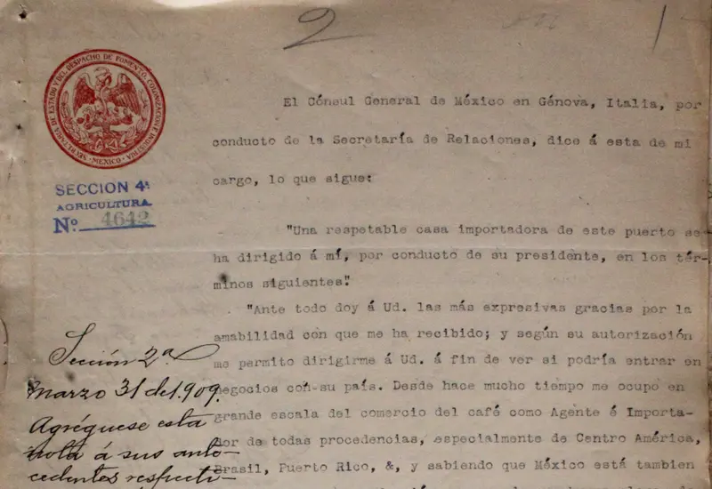Una carta histórica de 1909 del Cónsul de México en Génova, invitando a productores mexicanos a exportar su café a Italia.