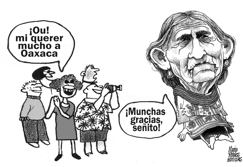 Caricatura política del artista Mario Robles que ilustra una crítica sobre el impacto del consumo extranjero en la celebración de la Guelaguetza.