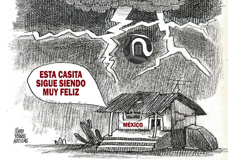 Cartón de Mario Robles que ilustra el contraste entre la euforia del fútbol durante el Mundial y la olvidada realidad de la pobreza en México.