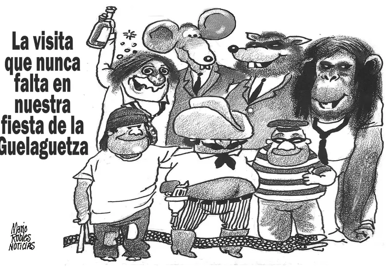 Cartón del ilustrador Mario Robles que representa una visión crítica y satírica de la festividad de la Guelaguetza, abordando una perspectiva alternativa.