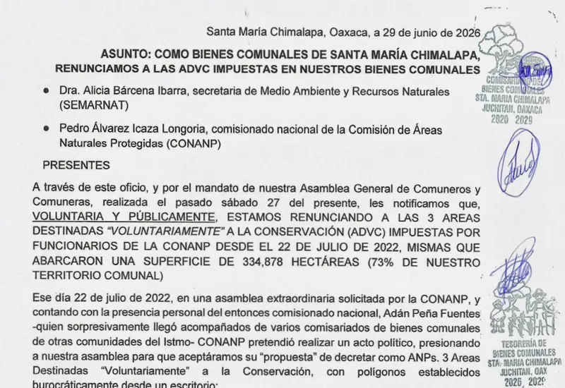 El documento oficial que formaliza la renuncia de Chimalapa a tres áreas naturales protegidas en su territorio, impuesta por la Conanp.