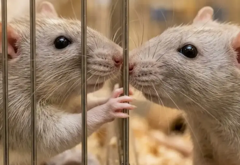 Dos ratas de laboratorio en una caja, ilustrando el hallazgo de un estudio sobre cómo responden al estrés ajeno sin compasión.