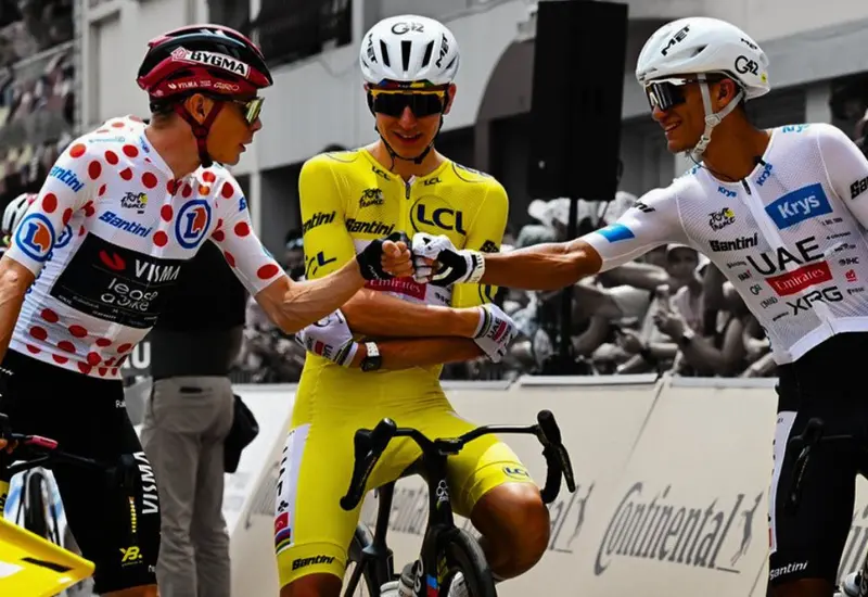 El ciclista mexicano Isaac del Toro posa para una fotografía junto a las estrellas del ciclismo mundial Tadej Pogačar y Jonas Vingegaard.