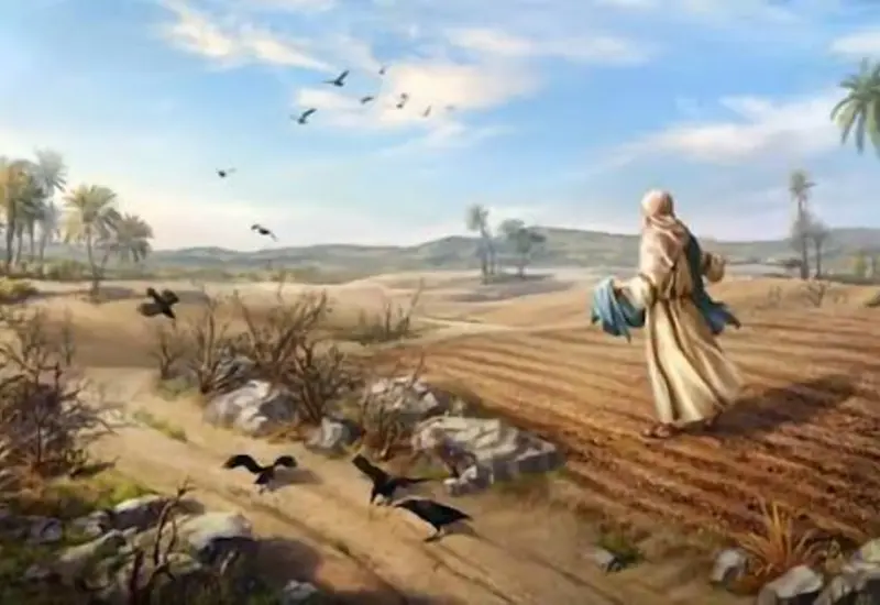 Ilustración de Jesús enseñando sobre la importancia de ser como la tierra fértil, preparada para recibir y hacer florecer el mensaje del Reino.