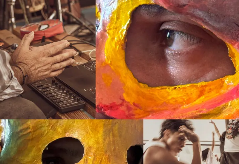 Artistas con máscaras de animales míticos realizan una danza contemporánea en la obra sobre la cosmovisión zapoteca en el Teatro Macedonio Alcalá.