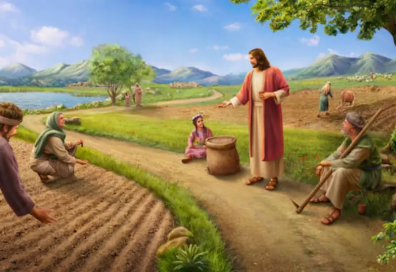 Ilustración de Jesús enseñando sobre el Reino de Dios mediante las parábolas del trigo y la cizaña, el grano de mostaza y la levadura.