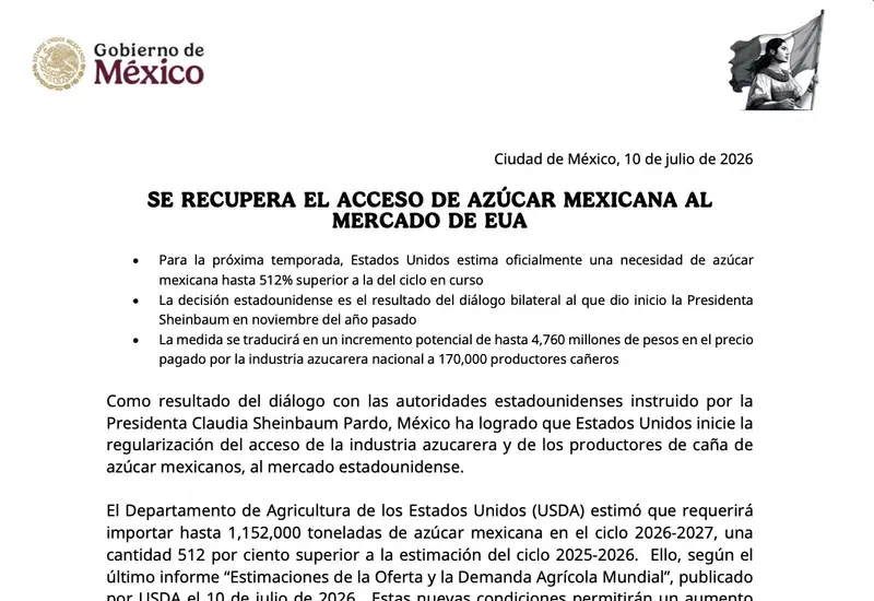 Productores mexicanos de caña de azúcar en un campo, sonriendo ante la expectativa de mayores ingresos al recuperar el acceso al mercado de Estados Unidos.