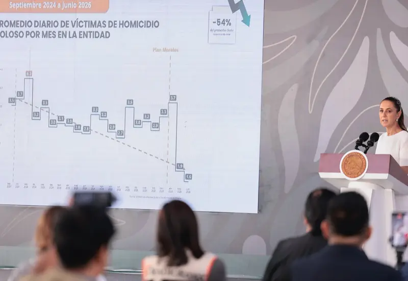 Gráfica informativa que muestra la baja histórica de homicidios en Morelos, destacando junio de 2026 como el mes con menos incidentes en ocho años.