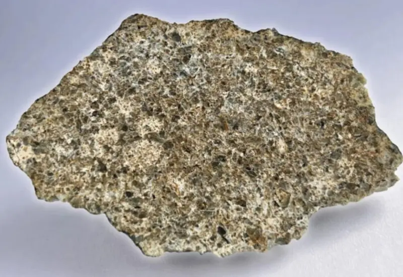Primer plano de un meteorito rocoso encontrado en el Sahara, que los científicos investigan por su posible origen en la corteza del planeta Mercurio.