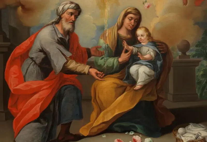 Pintura clásica del Museo del Prado que representa a San Joaquín y Santa Ana, los abuelos de Jesús, junto a su hija, la Virgen María.