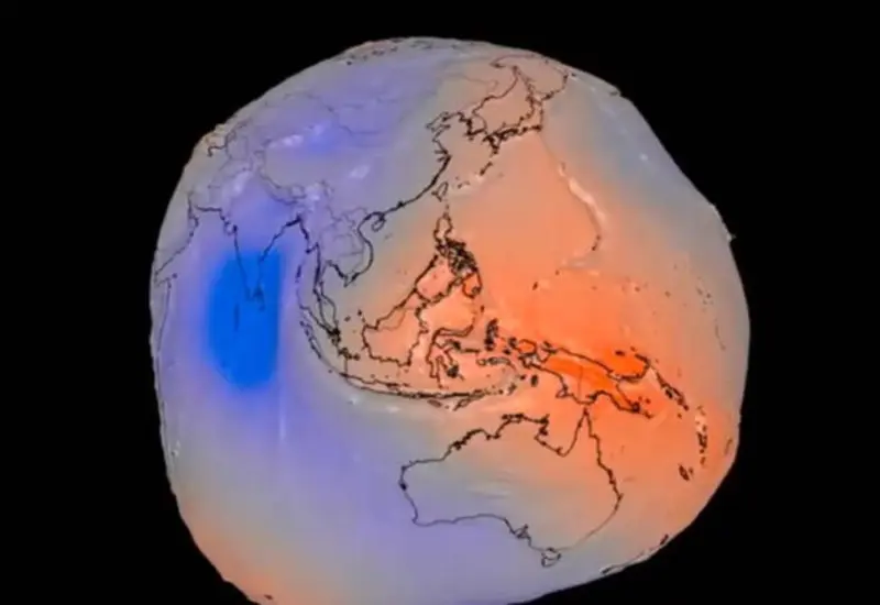 Ilustración del geoide terrestre, cuya forma irregular similar a una papa ha sido exagerada miles de veces para hacerla visible al ojo humano.