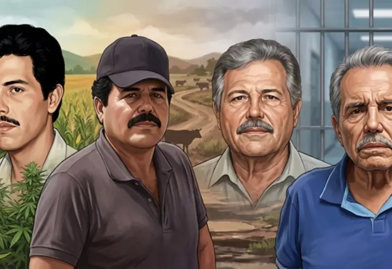 Ilustración que muestra la trayectoria de Ismael 'El Mayo' Zambada a través de cuatro retratos, desde su juventud rural hasta un escenario de encierro.