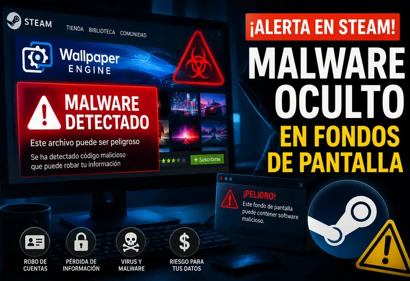 Ilustración conceptual del malware descubierto oculto dentro de un fondo de pantalla animado en la plataforma de videojuegos Steam, representando una alerta de seguridad.