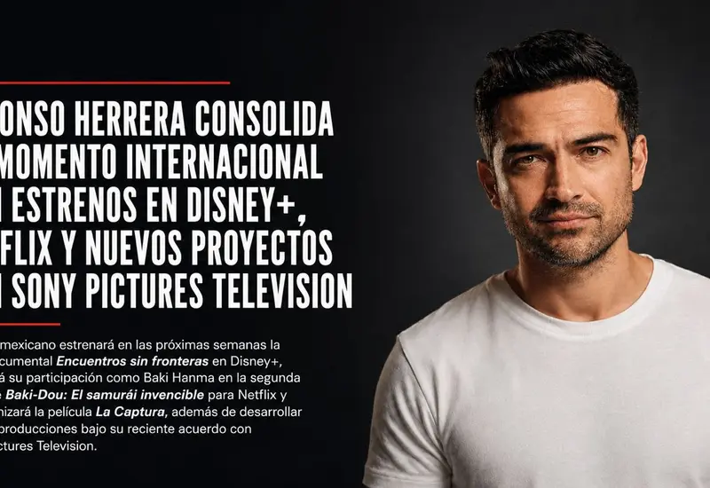 El actor Alfonso Herrera en un retrato profesional, anunciando sus próximos estrenos internacionales para plataformas como Disney+, Netflix y Sony Pictures Television.