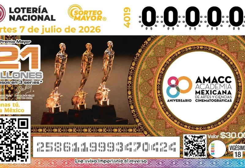 El billete conmemorativo de la Lotería Nacional que celebra los 80 años de la Academia Mexicana de Artes y Ciencias Cinematográficas (AMACC).