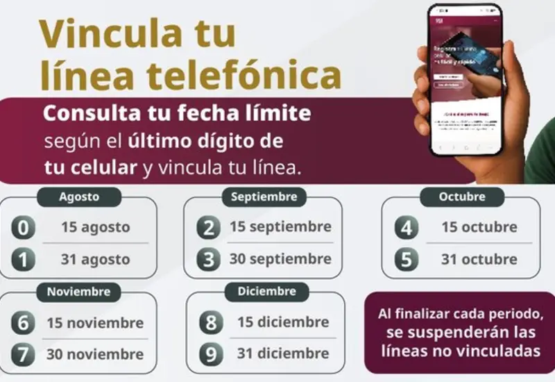 Gráfico del calendario oficial que muestra las fechas designadas para el registro obligatorio de las líneas telefónicas de prepago en el país.