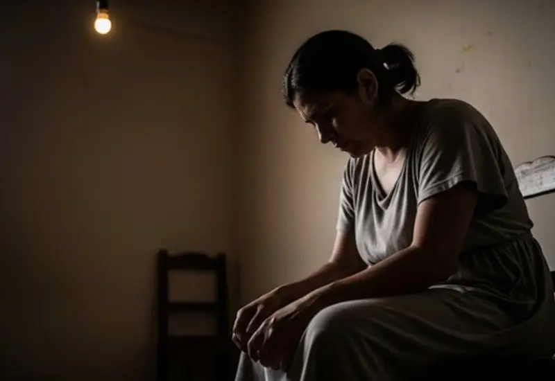 Una mujer joven con el rostro oculto en la sombra, ilustrando la historia de Carmen, víctima de esclavitud doméstica y trata en Saltillo.