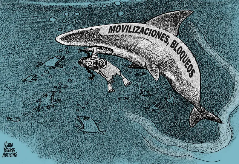 Caricatura política de Mario Robles que ilustra el costo social de las movilizaciones y el conflicto que mantiene a Oaxaca como rehén.