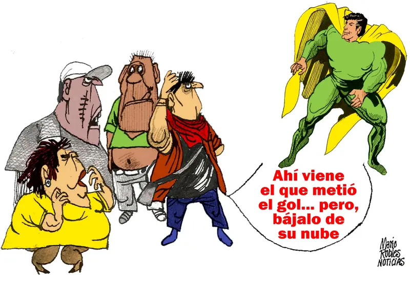 Cartón político del artista Mario Robles que ilustra la tensión entre la política tradicional y la promesa de un cambio en Oaxaca.
