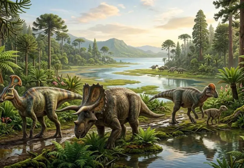 Ilustración creada por inteligencia artificial que muestra cómo era Coahuila con dinosaurios como el Tlatolophus galorum y el Coahuilaceratops magnacuerna.