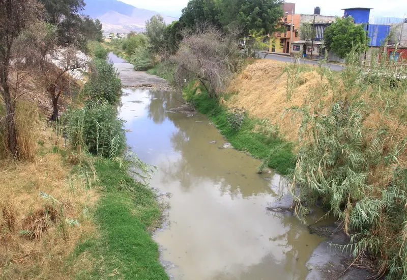 Una imagen que muestra varias casas y edificios construidos peligrosamente sobre el bordo de un río, invadiendo el cauce natural del agua.