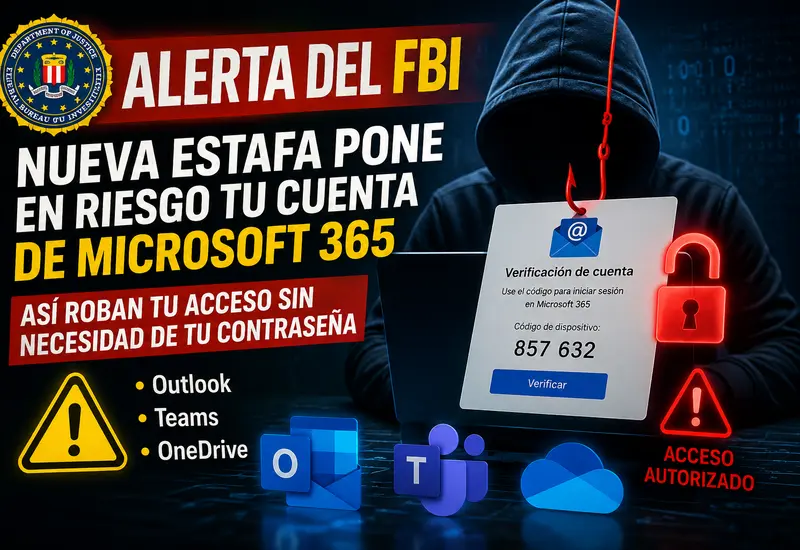 Ilustración conceptual del ciberataque a Microsoft 365, donde una nueva estafa casi indetectable está robando las cuentas de Outlook, Teams y OneDrive.