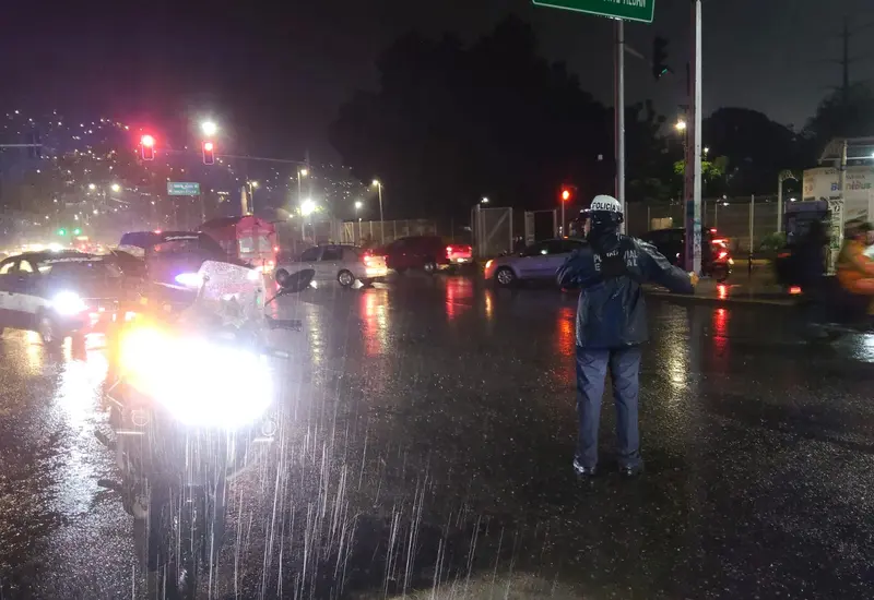 Una calle de la capital sufre inundaciones y caos vial con árboles caídos como consecuencia de la fuerte lluvia que azotó la ciudad.