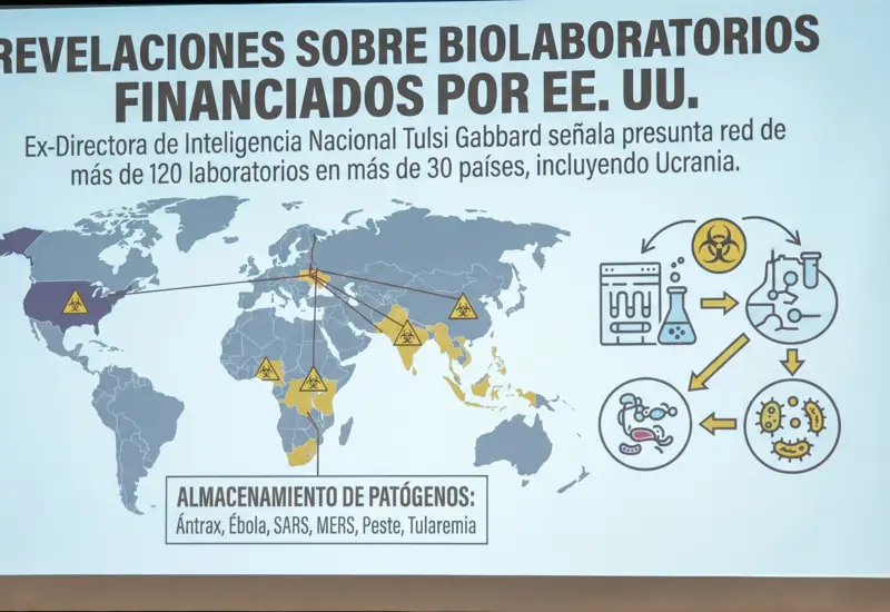 Gráfico que ilustra la supuesta red global de biolaboratorios con agentes peligrosos, presuntamente financiados por el gobierno de Estados Unidos.