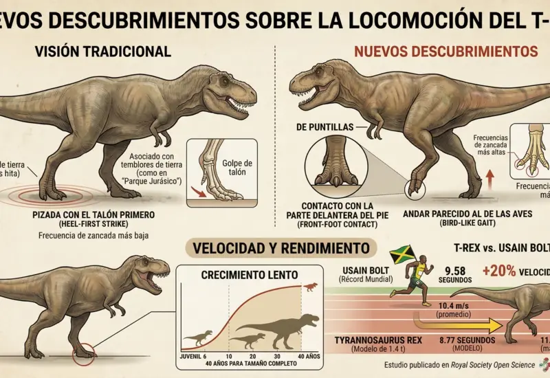 Infografía que compara la velocidad máxima del Tyrannosaurus rex con la del corredor Usain Bolt, ilustrando el nuevo hallazgo científico.