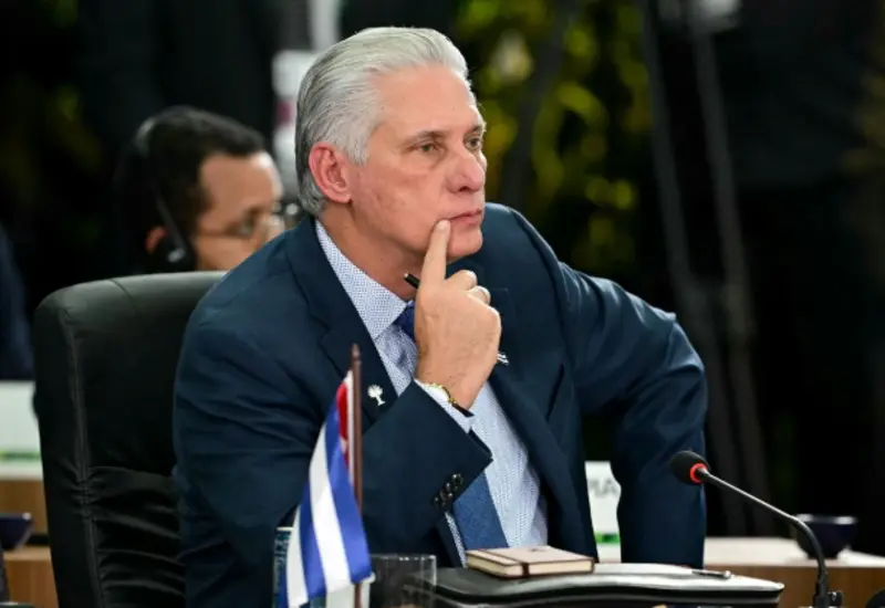 El presidente de Cuba, Miguel Díaz-Canel, fotografiado durante un discurso, en el contexto de su denuncia contra una agenda neocolonial en Florida.