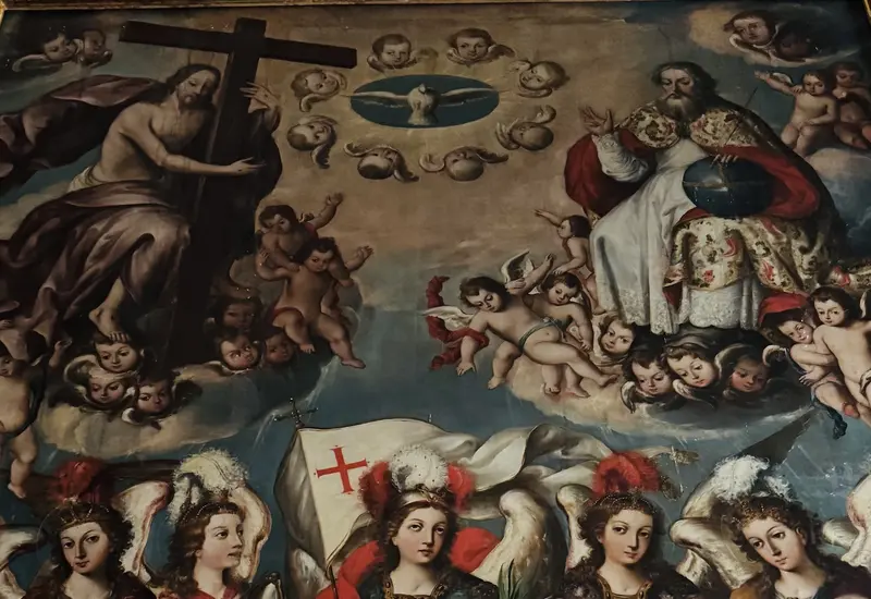 "Los Siete Príncipes de Palermo con la Santísima Trinidad" ca. 1726, óleo sobre lienzo Catedral de Nuestra Señora de la Asunción, Valles Centrales, Oaxaca de Juárez, Marcial de Santaella (Activo en Antequera, hoy Oaxaca, en el primer tercio del siglo XVIII).