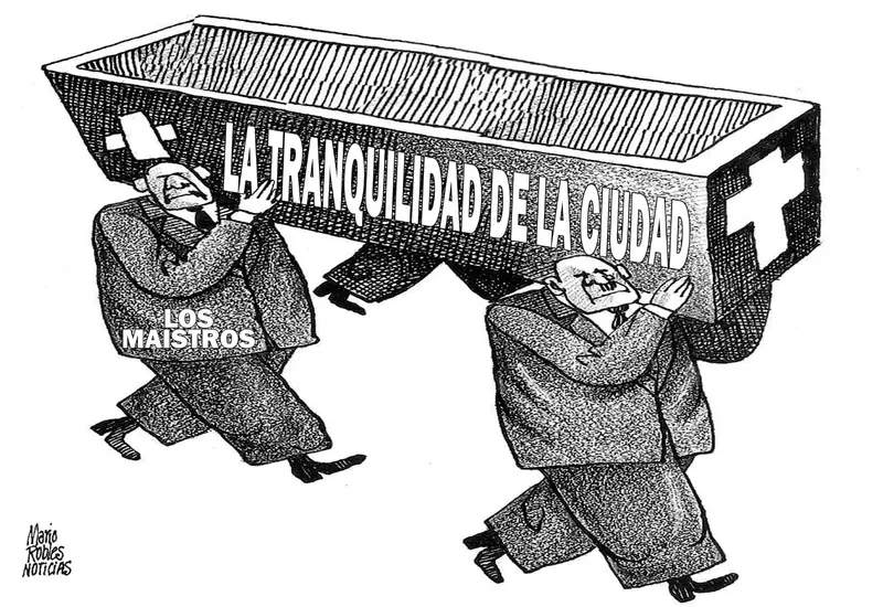 Caricatura política del artista Mario Robles que ilustra el tema de la generación que se cansó de esperar por un cambio social.