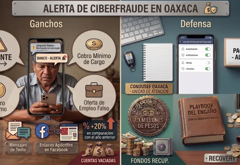 Ilustración conceptual de un ciberdelincuente anónimo usando una laptop para cometer estafas, representando el peligro de la ciberdelincuencia en Oaxaca.