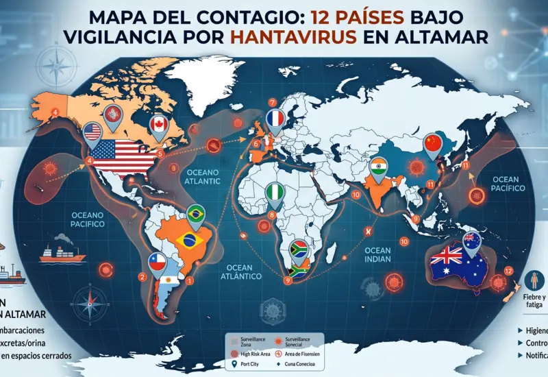 Mapa que ilustra la propagación del hantavirus, señalando los 12 países que están bajo vigilancia epidemiológica por el riesgo de contagio en altamar.