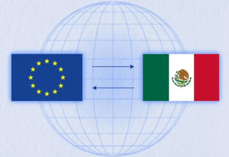 Ilustración del nuevo pacto comercial entre México y la Unión Europea, que beneficiará a más de 45 mil empresas exportadoras en el país.