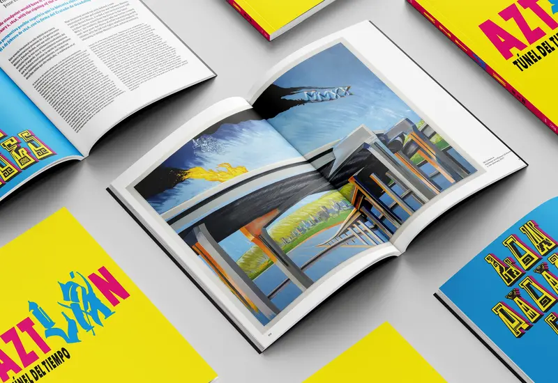 Portada del catálogo 'Aztlán, túnel del tiempo', una publicación sobre el arte chicano presentada en el Palacio de Bellas Artes.